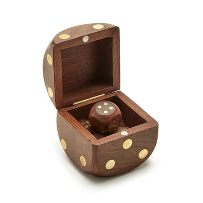 Two's Company Wood Crafted Dice Box with 6 Dice, Acacia Wood, 2.5-inches Square, Brown