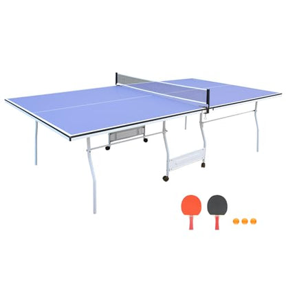 Table Tennis Table, 9 Ft Foldable & Portable Ping Pong Table Set with 2 Table Tennis Paddles, 3 Balls and Net for Indoor Outdoor Game