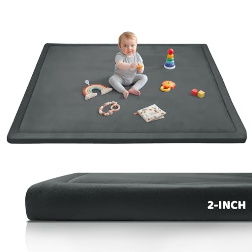 2-Inch Extra Thick Baby Play Mat For Floor, Ultra Soft 79"x71" Large Crawling Mat for Tummy Time, Flannel Cover Kids Rug, Memory Foam with Non-Slip Base Kids Rug for Infants Toddlers, Dark Gray - color: Dark Gray, size: 79" X 71" X 2“