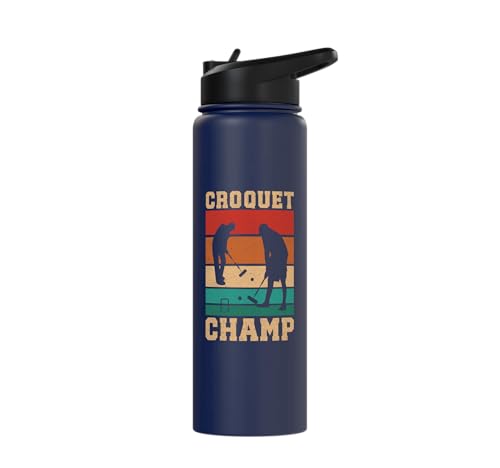 Croquet Champ Retro Funny Lawn Game Player Quote Stainless Steel Insulated Water Bottle - color: Navy Blue