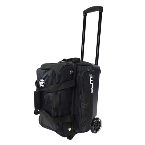 ELITE Deluxe 2 Ball Bowling Bag with 5" Smooth Wheels - Large Accessory Pocket, Shoe Compartment, 36" Extendable Handle - color: Black