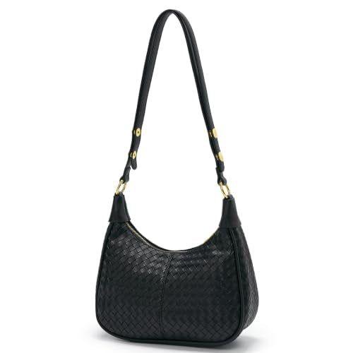 Shoulder Bags for Women Small Hobo Bags Crescent Shaped Cute Retro Tote Handbag Mini Clutch Purse with Zipper Closure - color: Black Woven
