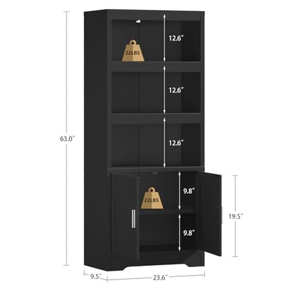 Book Shelf and Bookcase with Doors, 5-Tier Display Storage Cabinet with Adjustable Shelves, Open Compartments, Remote Control LED Lights, Tall cabinet for Bathroom Kitchen Living Room, Home Office - color: Black-01