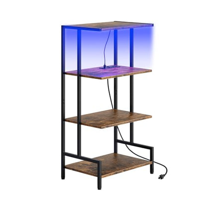 Arbuxzuy 4-Tier AV Media Stand with Power Outlet and LED Lights,Wooden Stereo Stand Cabinet,Game Console Shelf for Small Space,Audio Rack Stand Tower Ideal for Video DVD Players,Xbox - color: Rustic Brown