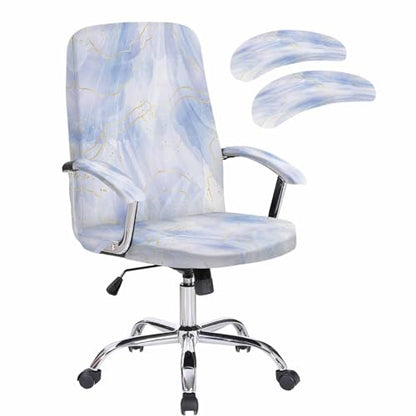 Blue Gradient Marble Office Chair Cover with Armrest Covers, Golden Lines Universal Stretch Desk Rotating Chair Slipcovers, Modern Abstract Removable Seat Protector with Zipper, M - color: Blue, size: Medium & 2PCS Armrest Covers
