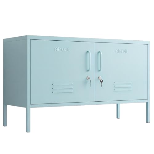 2 Door Metal TV Stand Media Console for Large TV, 2-Tier Multi-Purpose Lockable Wide Storage Cabinet, Industrial Accent Cabinet for Home, Office, Entryway, Hallway - color: Ocean