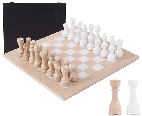 Marble Chess Set 15 Inch Verona and White Handmade Board Game with Storage Box, Classic Travel Chess Set for Adults with Pieces & 2 Extra Queens, Elegant Gift & Home Décor - color: Verona & White