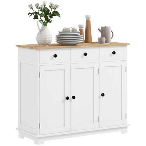 HOMCOM Sideboard Buffet Cabinet with Solid Wood Countertop, Modern Kitchen Storage Cabinet, Coffee Bar Cabinet with 3 Drawers, Doors and Adjustable Shelf, Distressed White - color: Distressed White, size: 39.75" x 15.75" x 33.5"
