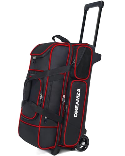 3 Ball Bowling Bags with Wheels & Shoe Pocket, Premium Bowling Ball Bag 3 Ball Roller, Effortless-Rolling 3 Ball Bowling Bag w/Multi-Storage Pockets & Telescopic Handle Extends to 40'' - color: Red