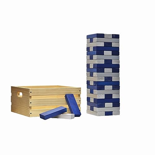 Tailgating Pros Premium Giant Toppling Timbers with Wooden Crate – Choose Your Team Colors! Jumbo Outdoor Yard Game, Tower Grows to Over 5 Feet! – Optional Tipsy Stickers Available! - color: Navy / Silver, size: Without Tipsy Stickers