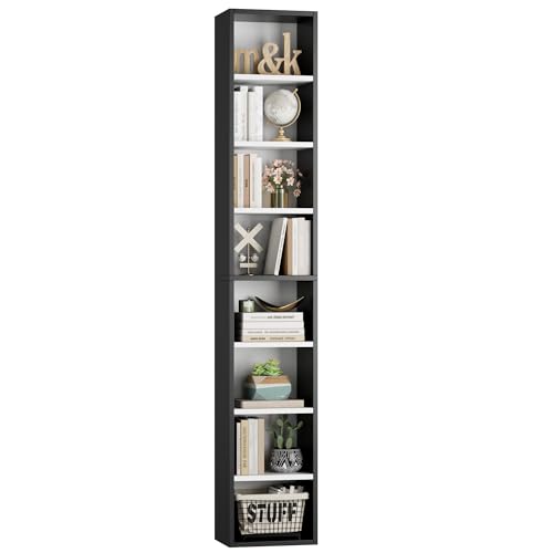 FOTOSOK 8-Tier Media Tower Rack, 11.6 X 9.3 X 71 Inches CD DVD Slim Storage Cabinet with Adjustable Shelves, Tall Narrow Bookcase Display Bookshelf for Home Office, Black/White - color: White/Black