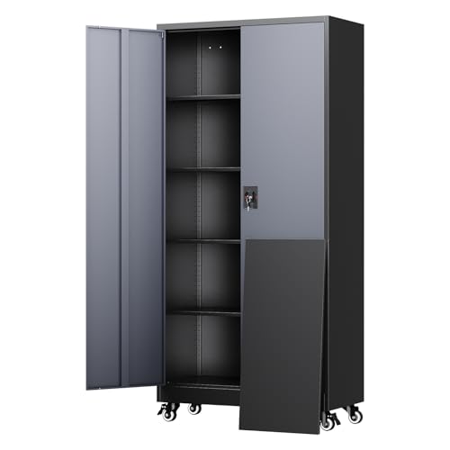 Yizosh Metal Garage Storage Cabinet with Locking Doors and Adjustable Shelves,- 75" Rolling Steel Tool Cabinet for Home Office,Garage,Warehouse - color: Gray Black, size: 75"H x 32"W x 16"D
