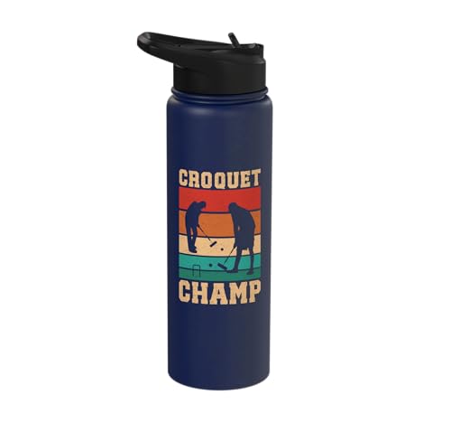 Croquet Champ Retro Funny Lawn Game Player Quote Stainless Steel Insulated Water Bottle - color: Navy Blue