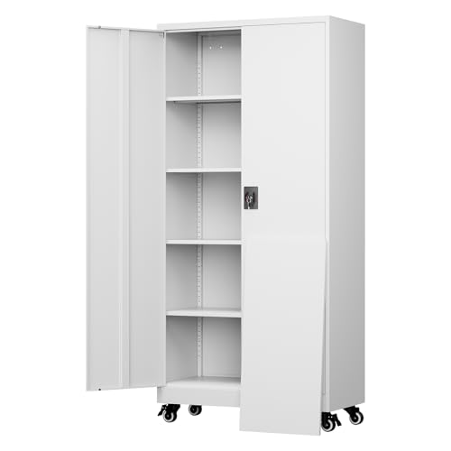 Yizosh Metal Garage Storage Cabinet with Locking Doors and Adjustable Shelves,- 75" Rolling Steel Tool Cabinet for Home Office,Garage,Warehouse - color: White, size: 75"H x 32"W x 16"D