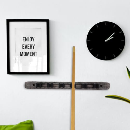 Cabilock Wall Mounted Solid Wood Billiard Cue Rack for 6 Cues Pool Stick Holder with Locating Clip Silver Gray for Game Room and Home Recreation Storage
