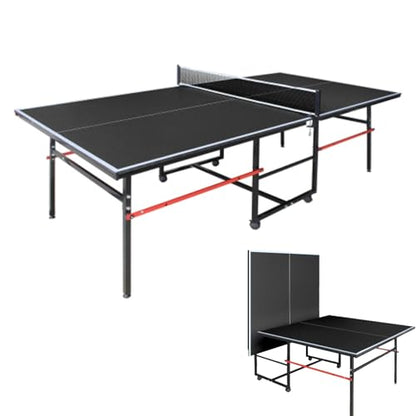 8ft Foldable Ping Pong Table Set, Mid-Size Portable Table Tennis Table with Net, Paddles & Balls, Indoor Outdoor Game Table for Home, Office, and Playroom,Black