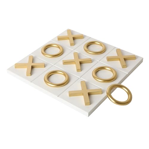 NIKKY HOME 12x12 Inch Tic Tac Toe Wood Game Board Classic Coffee Table Decor Modern Wooden Travel Game for Family, White & Gold - color: White
