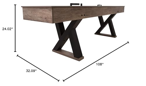 American Legend Kirkwood 9’ Shuffleboard Table with LED Rails, Bowling Game Set, Rustic Wood Finish & Accessories Included