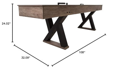 American Legend Kirkwood 9’ Shuffleboard Table with LED Rails, Bowling Game Set, Rustic Wood Finish & Accessories Included