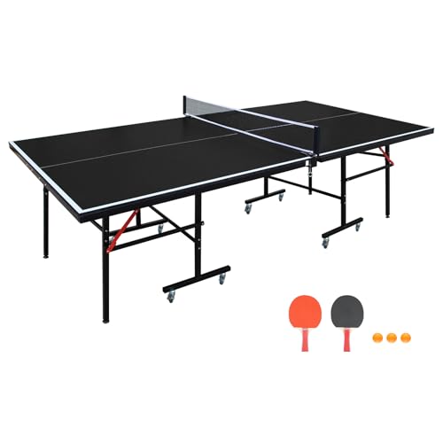 IUNNDS Portable Table Tennis Table 6/8/8.5/9FT Foldable Ping Pong Game Set for Indoor with Net and Post Set, 2 Paddles and 3 Balls - color: Black-8FT with Wheel