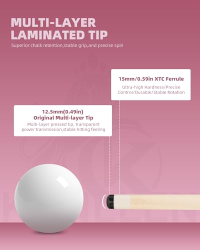 KONLLEN Pink Pool Stick, Low Deflection Young Fashionable Pink Professional Pool Cue Set, Includes Color tip, Pink Cue Bag, Towel and Chalk
