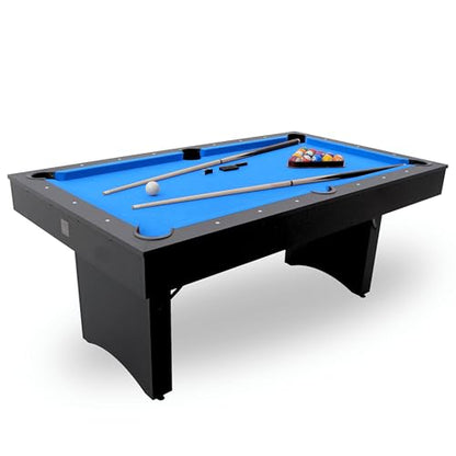 Freetime Fun 6 FT Pool Table, No Assembly, Portable, Includes Billiard Tables Accessories- 2 Pool Cues, Set of Balls, Triangle, Pool Table Brush, Chalk - color: Blue Felt