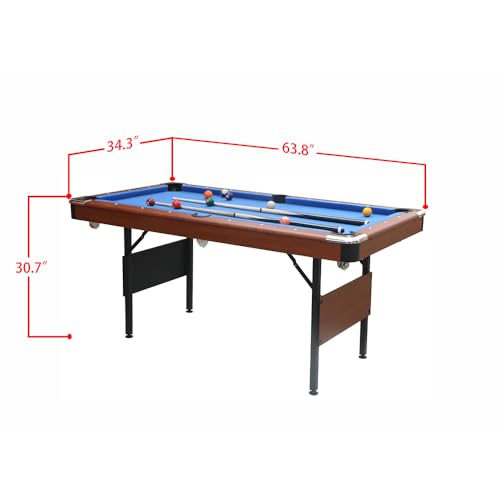 5.3 FT Pool Table Portable Foldable Billiards Table for Kids & Adults with with Balls, Cues, Chalk, Rack & Brush, Compact Space-Saving Game Table for Family Game Room & Office - color: Brown+Blue