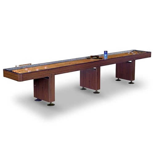 Hathaway Challenger Shuffleboard Table for Family Arcade Game Room - with Poly-Coated Playfield, Built-in Scorer & Cabinet, Climate Adjusters, Leg Levelers, 8 Pucks, Brush & Wax - Walnut Finish - size: 14-foot