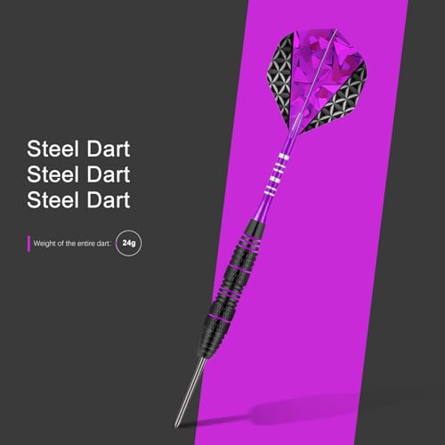 Dart Metal Tip Set 3 Aluminum Dart Shafts Steel Tip Dart Set Professional Darts Steel Tip Set + Extra 3 Dart Flights 3 Replace Plastic Shafts - color: black purple