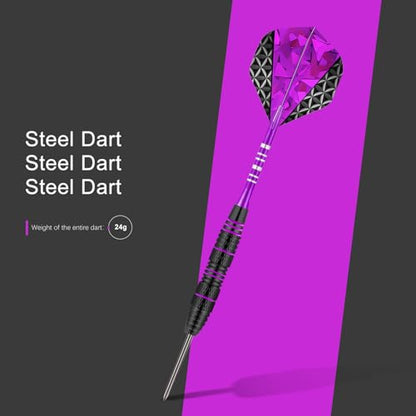 Dart Metal Tip Set 3 Aluminum Dart Shafts Steel Tip Dart Set Professional Darts Steel Tip Set + Extra 3 Dart Flights 3 Replace Plastic Shafts - color: black purple