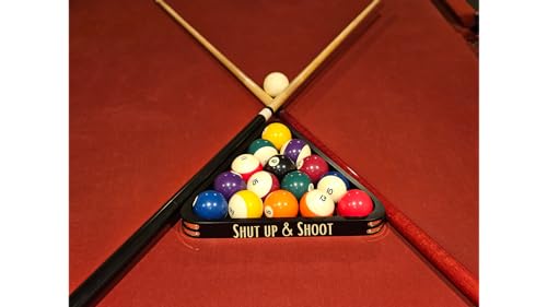 Pool Billiard Ball Rack and Pool Ball Triangle Shut Up & Shoot Design - Custom Engraved Billiards Rack - Unique Pool Room Decor (Gold)