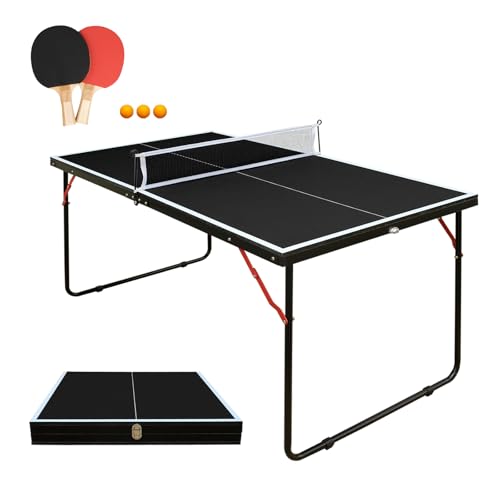 4/6/8/9 ft Professional Table Tennis Table Ping-Pong Tables Set Foldable & Portable Tables with Removable Net 2 Table Tennis Paddles and 3 Balls Easy Assembly - color: Black, size: 4 Ft