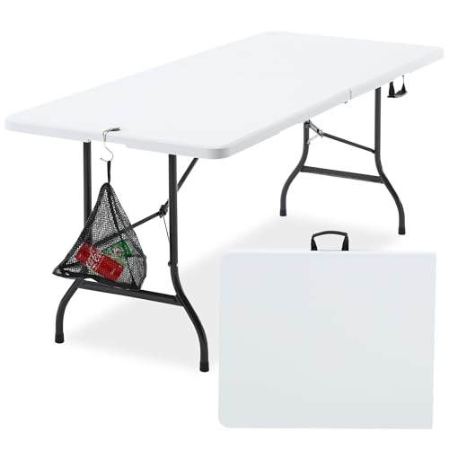 VECELO 6 ft Picini Table with Thickened Top | Removable Mesh Bag | Strong Side Support, 500lbs Weight Capacity Folding Table, Indoor & Outdoor, with Carrying Handle,White - color: White