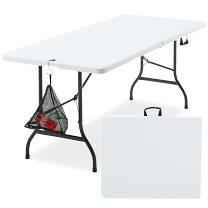 VECELO 6 ft Picini Table with Thickened Top | Removable Mesh Bag | Strong Side Support, 500lbs Weight Capacity Folding Table, Indoor & Outdoor, with Carrying Handle,White - color: White
