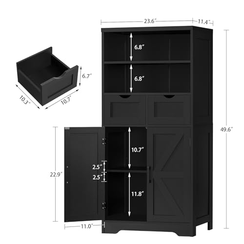 TEENFON Storage Cabinet with Doors & 2 Drawers, Kitchen Cabinet with Adjustable Shelf, Pantry Cabinets, Bathroom Cabinets, for Living Room, Entryway, Home Office, Black - color: Black