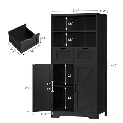 TEENFON Storage Cabinet with Doors & 2 Drawers, Kitchen Cabinet with Adjustable Shelf, Pantry Cabinets, Bathroom Cabinets, for Living Room, Entryway, Home Office, Black - color: Black