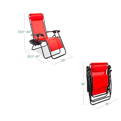 Best Choice Products Set of 2 Adjustable Steel Mesh Zero Gravity Lounge Chair Recliners w/Pillows and Cup Holder Trays - Crimson Red - color: Crimson Red, size: Standard
