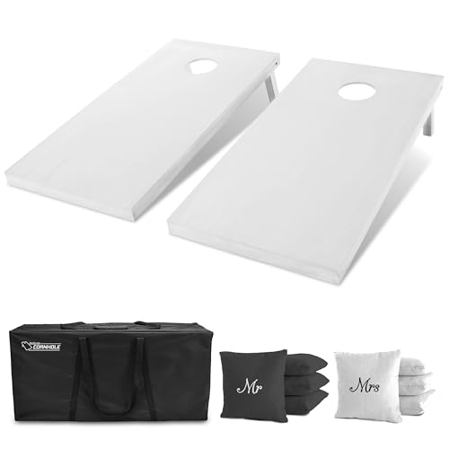 GoSports 4 ft x 2 ft Regulation Size Wooden Cornhole Boards Set with White Finish - Includes Carrying Case - color: Wedding Mr. & Mrs.