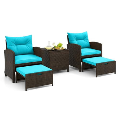 Tangkula 5 Pieces Patio Conversation Set, PE Wicker Outdoor Furniture Set with 2 Chairs, 2 Ottomans & Tempered Glass Coffee Table, Ideal for Poolside, Backyard, Lawn, Deck, Mix Brown & Turquoise - color: Mix Brown & Turquoise