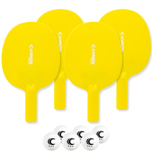 Cannon Sports Unbreakable Table Tennis Paddle Set - 4 Rackets with 6 Pack of 3-Star Table Tennis Balls – Portable Set for 4 Players - color: 4 Yellow Paddles + 6 White Balls