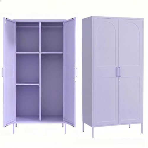 Lockable Closet Metal Wardrobe 67" Purple 2 Door Wardrobe Bedroom Storage Cabinet Adjustable shelf Multi functional metal Storage Cabinet with hanging rail for domestic use 18.1" D x 31.5" W x 67" H - color: Purple, style: armoire-67"H-DU
