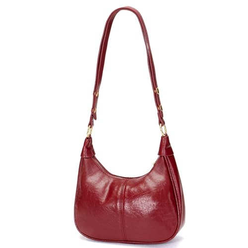 Shoulder Bags for Women Small Hobo Bags Crescent Shaped Cute Retro Tote Handbag Mini Clutch Purse with Zipper Closure - color: Red Vegan Leather