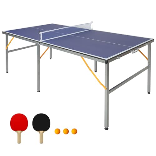Mid-Size Table Tennis Table Foldable & Portable 6ft Ping Pong Table Set, 2 ping-Pong Bats and 3 Balls, Available Indoors and Outdoors