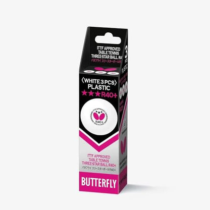 Butterfly R40+ Table Tennis Balls - 40mm White Ping Pong Ball - 3 Pack