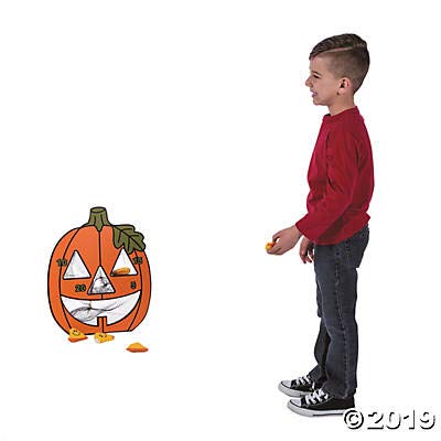 Fun Express Halloween Bean Bag Toss Game for Kids - Jack O Lantern Pumpkin Carnival Games Set with 5 Candy Corn Bean Bags | Perfect for Halloween Party Games, Fall Festival Activities