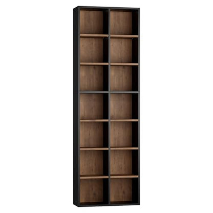 FOTOSOK 71'' Tall Bookshelf with 14 Cubes, 7 Tier Double Wide Wood Bookshelf with 6 Adjustable Shelves, 19.6" Narrow Bookcase DVD/CD Media Storage, Space Saving Display Shelf Cabinet, Black/Brown - color: Black/Brown