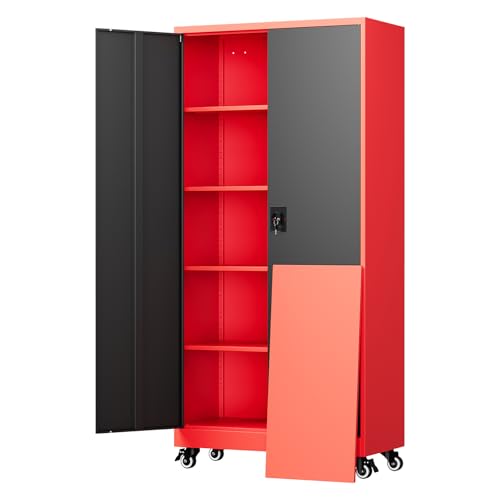 Yizosh Metal Garage Storage Cabinet with Locking Doors and Adjustable Shelves,- 75" Rolling Steel Tool Cabinet for Home Office,Garage,Warehouse - color: Red Black, size: 75"H x 32"W x 16"D