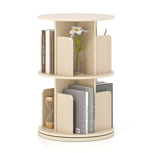 Giantex 2-Tier Rotating Bookshelf, 360° Display Rack w/Dividers & Anti-Falling Baffles, Multifunctional Narrow Floor Standing Bookcase, Book Storage Organizer for Living Room Bedroom, Natural - color: Natural, size: 2-Tier
