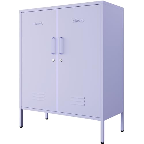 Purple 3 Tier Metal Storage Cabinet with Legs, Lockable 2 Door Metal Locker, Heavy Duty Multipurpose Accent Storage Cabinet with 2 Adjustable Shelves for Home, Office, Entryway and Hallway - color: Lilac, style: Cabinet-40"H-FT