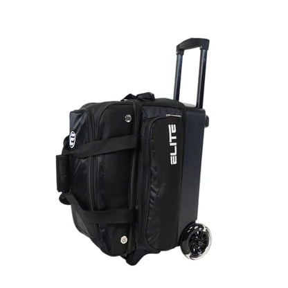 ELITE Deluxe 2 Ball Bowling Bag with 5" Smooth Wheels - Large Accessory Pocket, Shoe Compartment, 36" Extendable Handle - color: Black